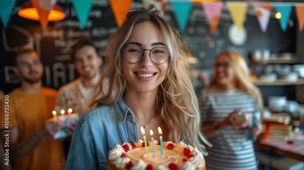 Happy birthday. A group of friends were celebrating with birthday gifts and cake in an office setting. They had colorful flags hanging on the wall behind them. A blackboard was visible in one corner. Happy birthday. A group of friends were celebrating with birthday gifts and cake in an office setting. They had colorful flags hanging on the wall behind them. A blackboard was visible in one corner.