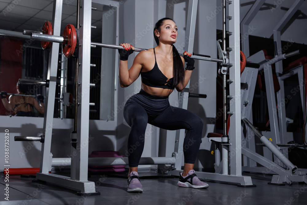 Attractive young athlete squats with a barbell in the gym. Attractive young athlete squats with a barbell in the gym.