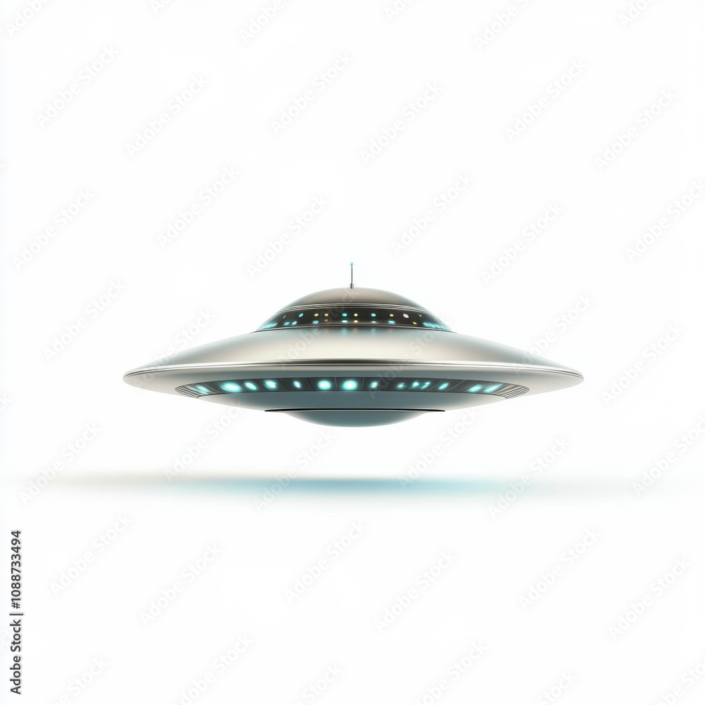 UFO with glowing lights. close up. Alien spaceship in shape of flying saucer isolated on white backdrop UFO with glowing lights. close up. Alien spaceship in shape of flying saucer isolated on white backdrop