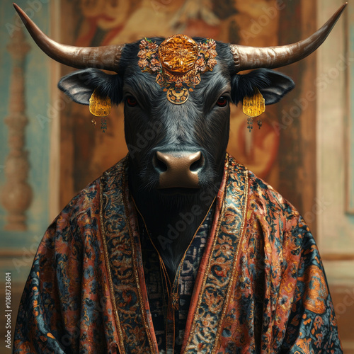 Anthropomorphic portrait of bull dressed in ornate robe and necklace. Human like animal against dark background photo