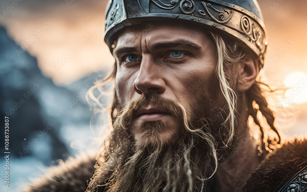 Closeup of a Viking raider on a Norse longship Closeup of a Viking raider on a Norse longship