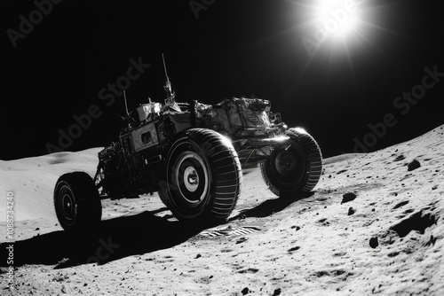 Lunar rover on moon surface under bright sunlight. Concept of space exploration and lunar missions photo