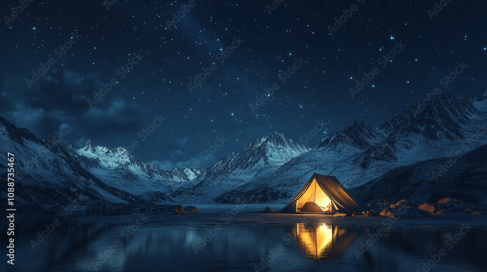 serene night scene featuring tent illuminated by warm light, surrounded by majestic mountains and starry sky reflecting on calm lake