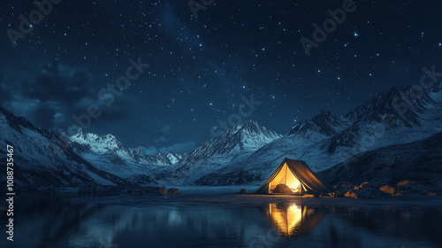 Obraz na płótnie serene night scene featuring tent illuminated by warm light, surrounded by majestic mountains and starry sky reflecting on calm lake w salonie