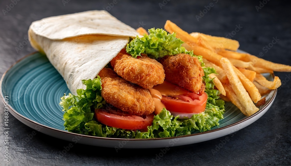 A delectable chicken nugget wrap sandwich bursting with crispy onion golden French fries fresh green salad and ripe tomato all wrapped in a warm soft tortilla A delectable chicken nugget wrap sandwich bursting with crispy onion golden French fries fresh green salad and ripe tomato all wrapped in a warm soft tortilla