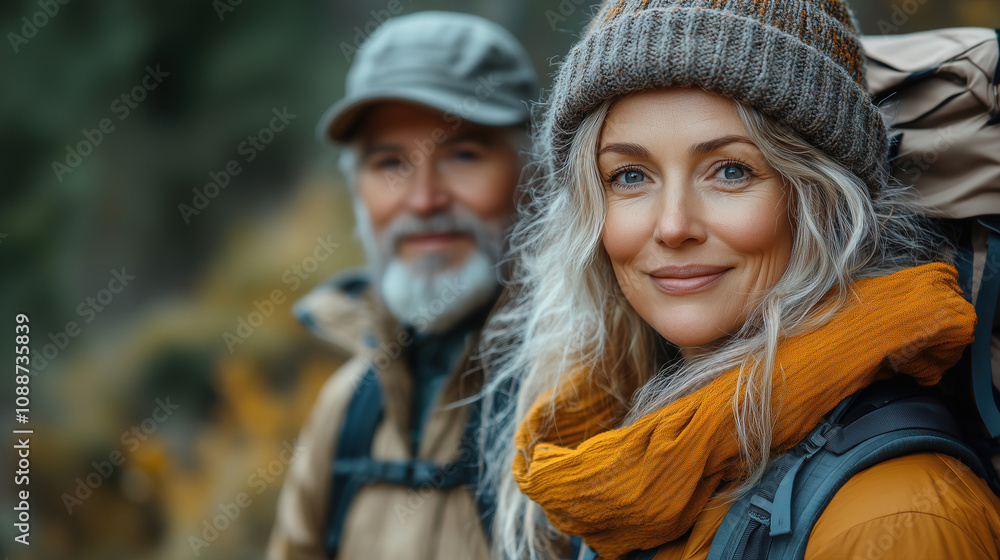 Couple enjoying autumn hike in the mountains wearing warm clothing and backpacks during golden hour. Generative AI Couple enjoying autumn hike in the mountains wearing warm clothing and backpacks during golden hour. Generative AI