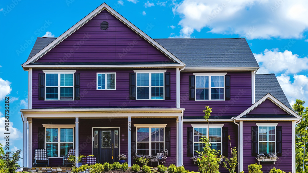 An elegant eggplant purple house with siding and shutters makes a sophisticated statement in the suburban landscape, its deep hue contrasting beautifully with the azure sky above on a sunny day. An elegant eggplant purple house with siding and shutters makes a sophisticated statement in the suburban landscape, its deep hue contrasting beautifully with the azure sky above on a sunny day.