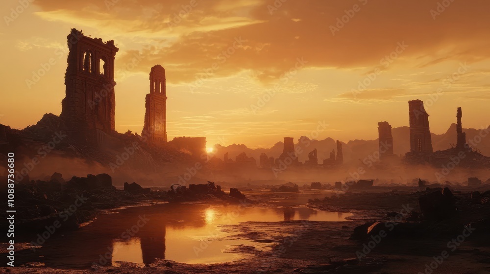 A dystopian landscape of a destroyed city at sunset, casting an eerie glow over the ruins A dystopian landscape of a destroyed city at sunset, casting an eerie glow over the ruins