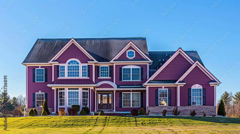 An elegant magenta-colored house with traditional windows and shutters sits on a large lot in the suburban subdivision, basking in the sunlight under the clear blue sky. An elegant magenta-colored house with traditional windows and shutters sits on a large lot in the suburban subdivision, basking in the sunlight under the clear blue sky.
