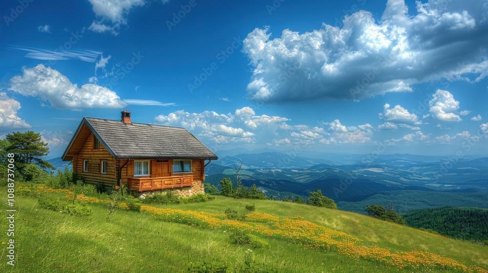 Wooden Cabin on a Mountain Meadow with Stunning Views Wooden Cabin on a Mountain Meadow with Stunning Views