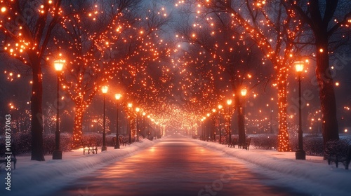 A serene winter pathway illuminated by warm lights.