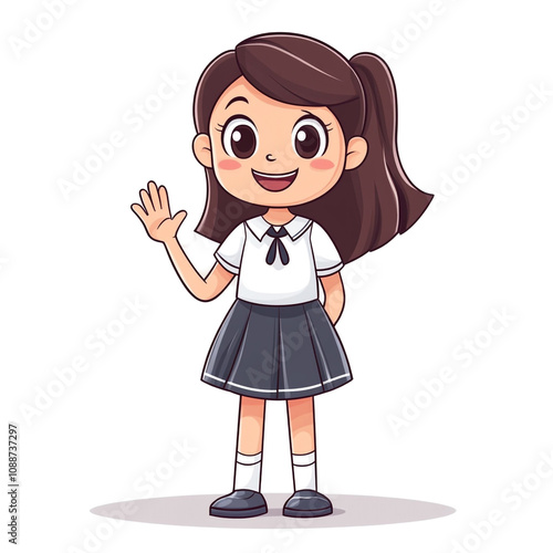 Adorable Schoolgirl Waving Hello: A Cheerful Cartoon Illustration