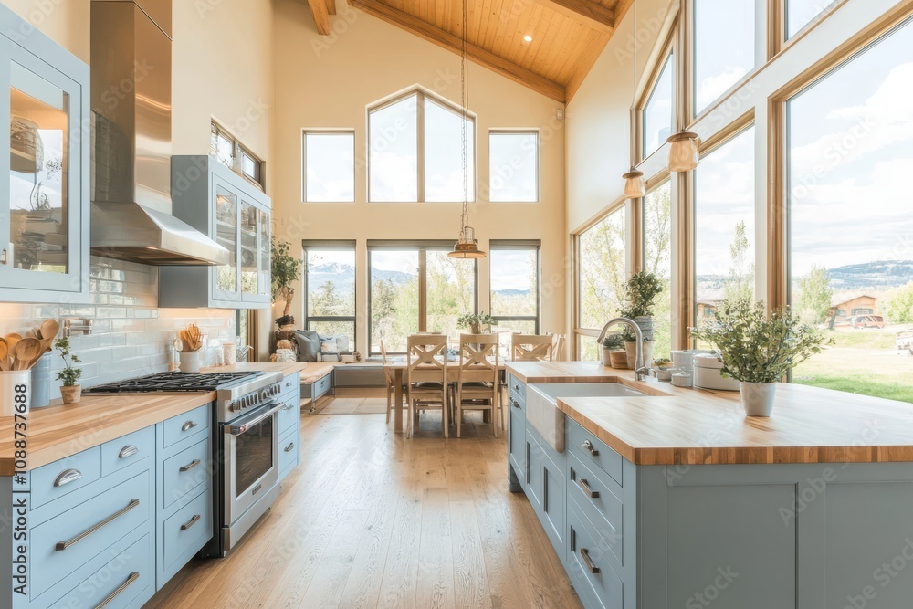 Modern kitchen with large windows, wooden accents, and a dining area overlooking nature.