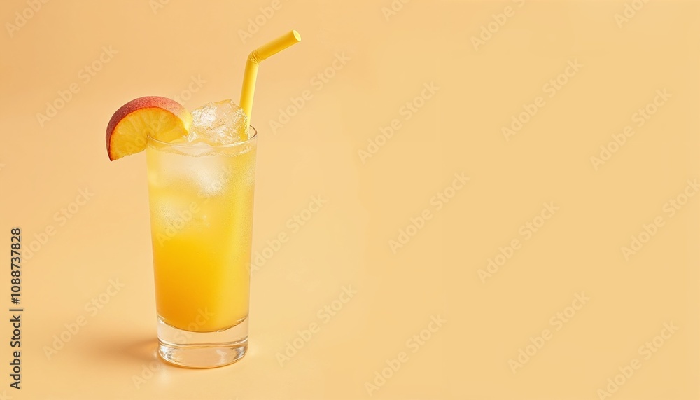 Iced peach lemonade with straw and fruit garnish Iced peach lemonade with straw and fruit garnish