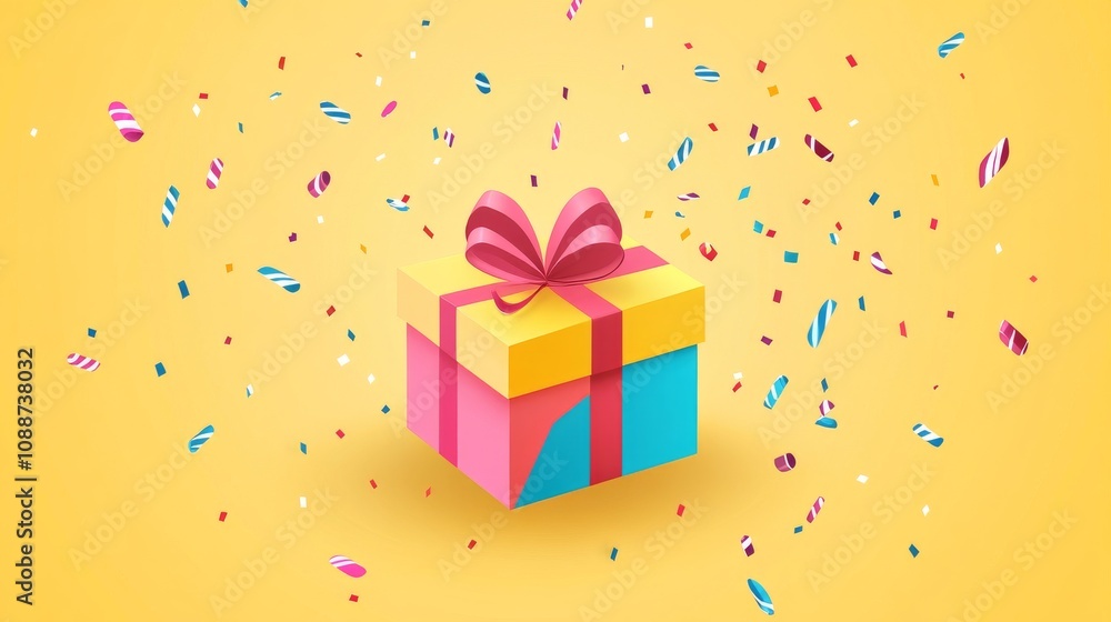 A box with a bow on top of it is surrounded by colorful confetti A box with a bow on top of it is surrounded by colorful confetti