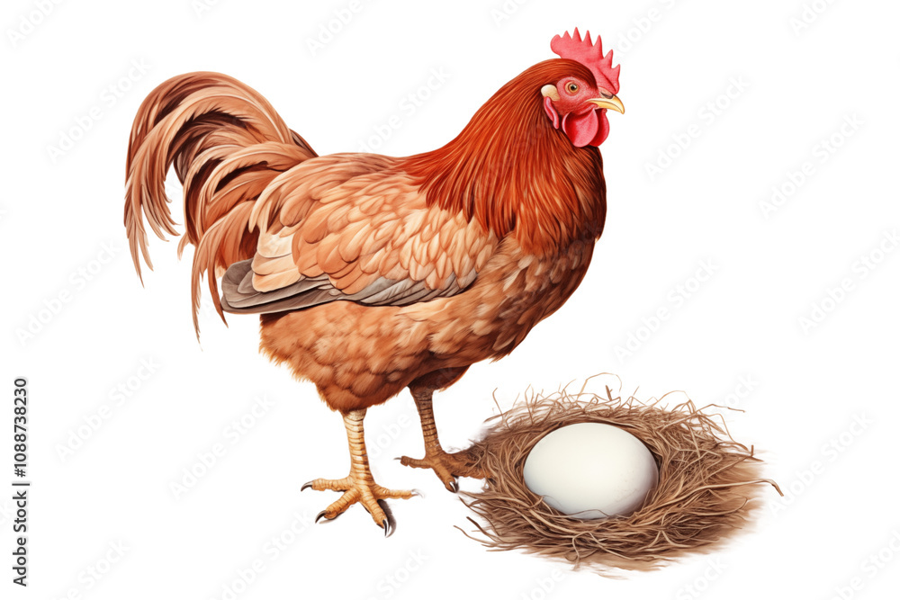 Fototapeta premium hen with detailed feathers stands beside nest containing single egg, beauty of farm life and nature concept, isolated on transparent background.