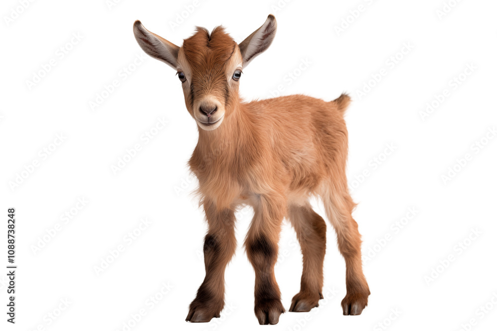 Obraz premium Curious baby goat with soft fur and standing with playful pose, isolated on transparent background.