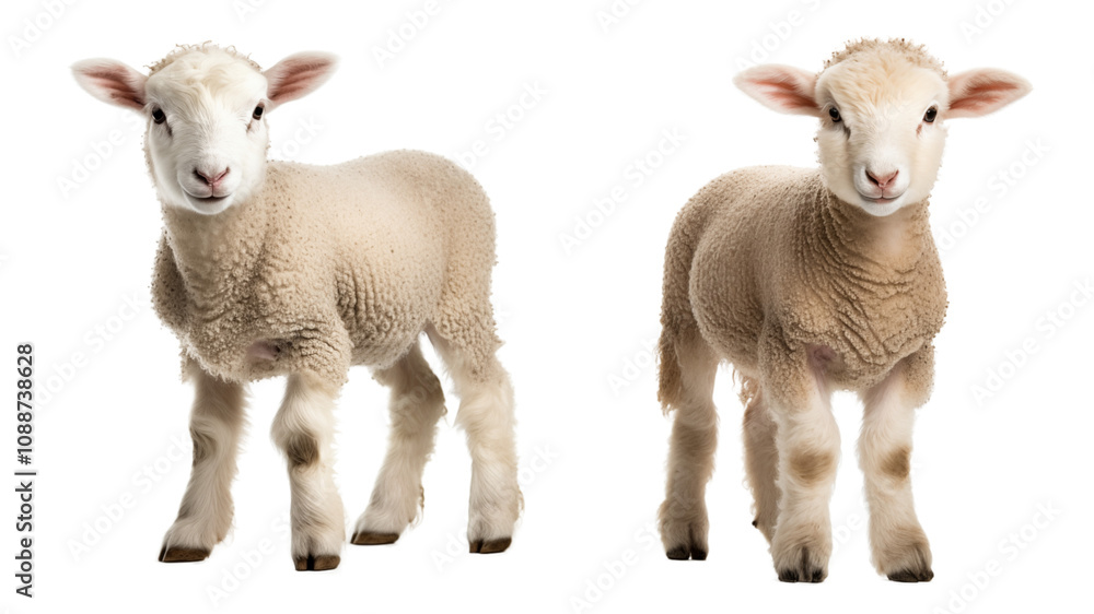 Two adorable baby lambs with detailed fur stand side by side, with playful nature and soft wool, innocent expressions evoke sense of joy and warmth on transparent background. Two adorable baby lambs with detailed fur stand side by side, with playful nature and soft wool, innocent expressions evoke sense of joy and warmth on transparent background.