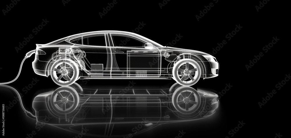 Naklejka premium 3d rendering electric car battery with pack of battery cells module on platform, black background
