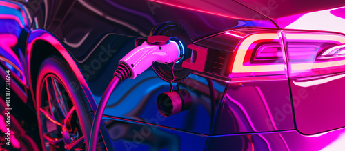 Electric car charging on parking at night time, street charching concept photo