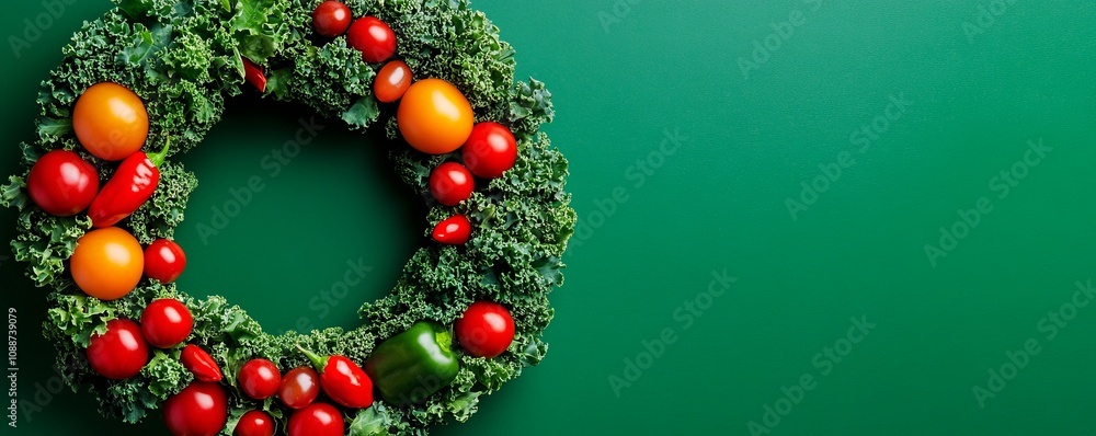 Vibrant Holiday Wreath of Fresh Kale, Cherry Tomatoes, and Bell Peppers Representing Health and Christmas Cheer