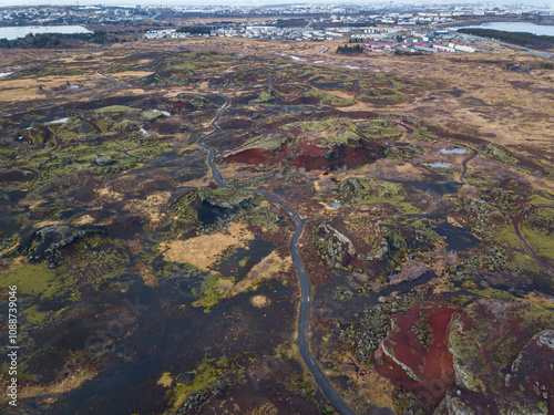 Aerial image of the Raudholar volcanic region, which contains a cluster of rootless cones, also called pseudcrater photo