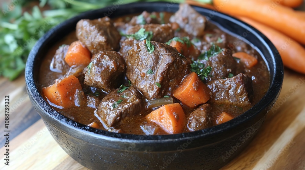 Hearty beef stew with carrots in a dark bowl. Hearty beef stew with carrots in a dark bowl.
