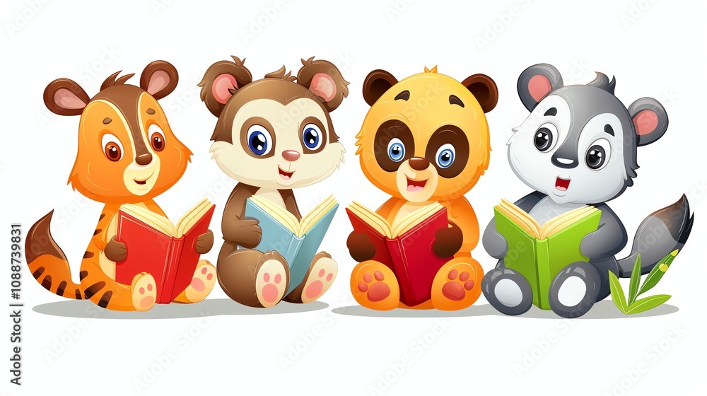 Naklejka premium Four cartoon animals reading books.