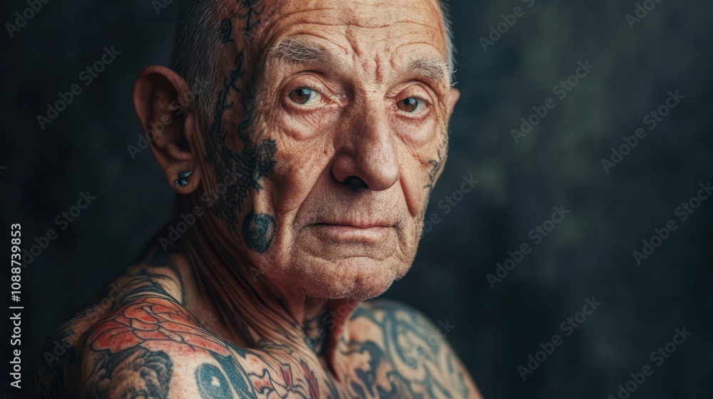 Senior with tattoos, older individual posing proudly, symbolizing stories and resilience, natural lighting. Senior with tattoos, older individual posing proudly, symbolizing stories and resilience, natural lighting.