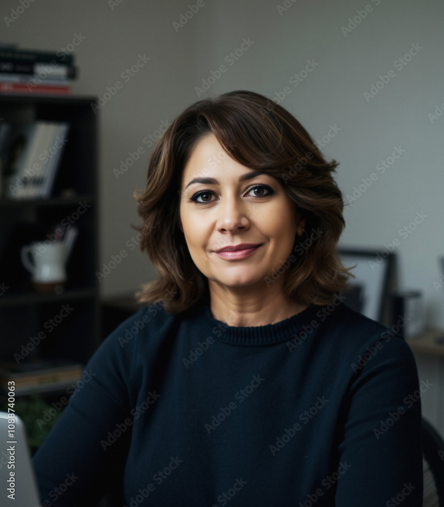 smiling woman in her 50s, smart casual wear sweater, founder, minimal background, simple light smiling woman in her 50s, smart casual wear sweater, founder, minimal background, simple light