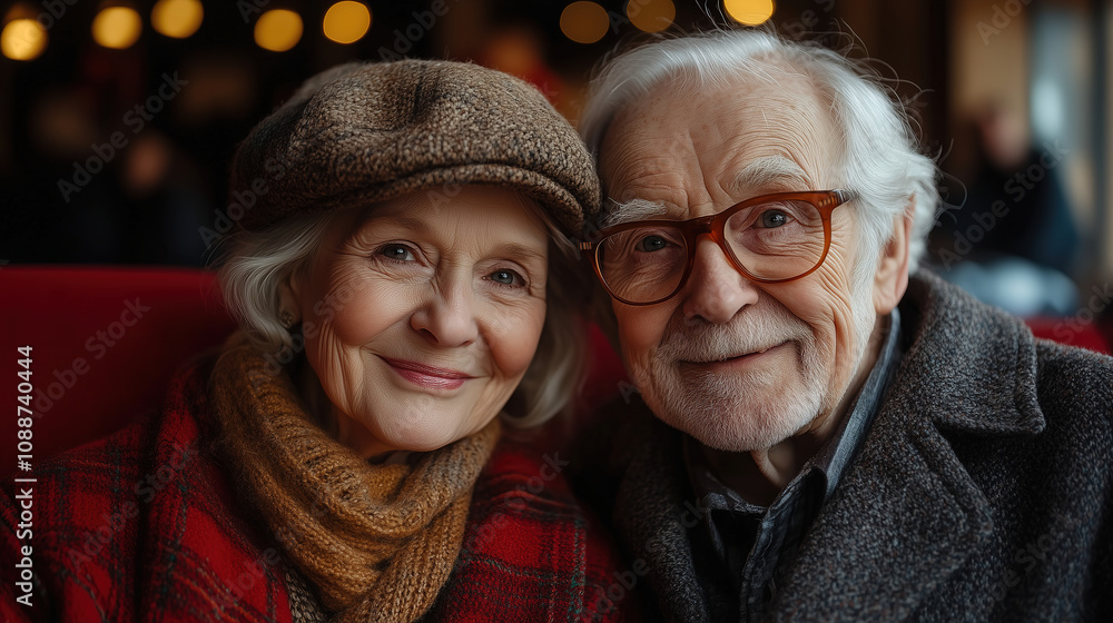 Elderly couple smiling warmly at each other in a cozy, softly lit cafe during a chilly afternoon in winter. Generative AI Elderly couple smiling warmly at each other in a cozy, softly lit cafe during a chilly afternoon in winter. Generative AI