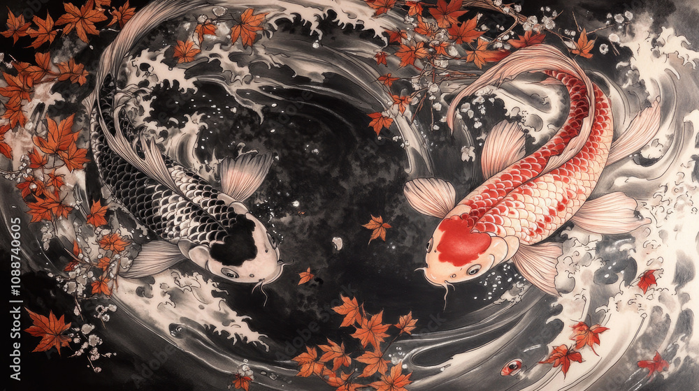 Koi, Chinese art, Japanese traditional, ink painting, tattoo, Chinese, gold and black background, simple, blue background, Nishikigoi Koi, Chinese art, Japanese traditional, ink painting, tattoo, Chinese, gold and black background, simple, blue background, Nishikigoi