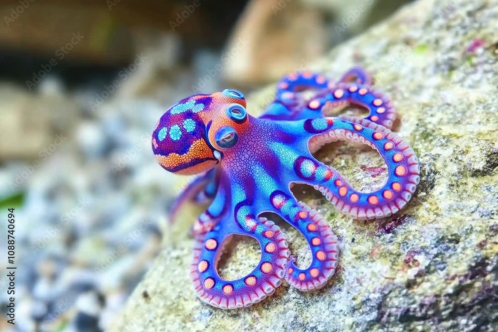 Fototapeta premium Blue Ring Octopus on Rock A small