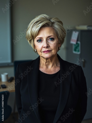 conservative woman in her 60s or 70s, professional neat attire, chief operating officer, imaginative, faded background