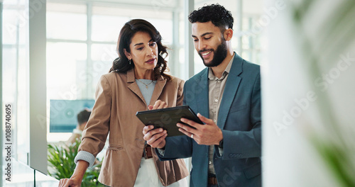 Tablet, meeting and business people in office with research for break in finance stock market. Discussion, digital technology and financial advisors with online revenue, profit or equity report. photo