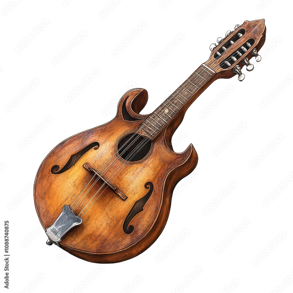 Obraz premium Elegant wooden mandolin with detailed craftsmanship, showcasing its vibrant finish and intricate design.