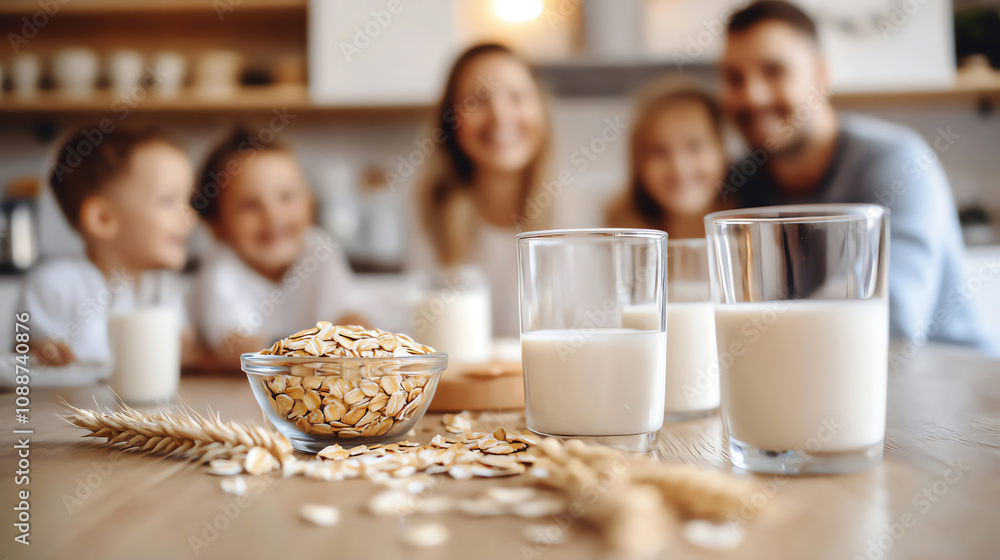 A joyful family enjoys breakfast together with oat milk and oats, emphasizing healthy living and good vitality with non dairy product A joyful family enjoys breakfast together with oat milk and oats, emphasizing healthy living and good vitality with non dairy product