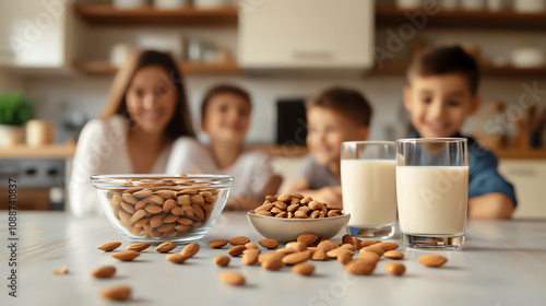 A family enjoying healthy almond snacks and almond milk in a bright kitchen, promoting nutritious eating habits.