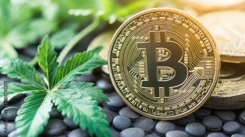 A Bitcoin coin placed on stones with a cannabis leaf, symbolizing cryptocurrency and cannabis. photo