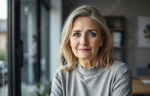 beautiful woman in her 50s or 60s, neutral sweater, client services manager, subtle background