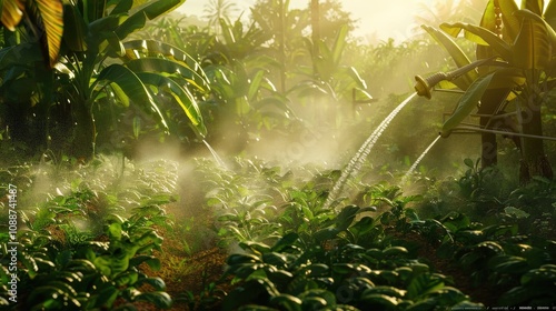 Lush Green Fields with Morning Mist and Irrigation System