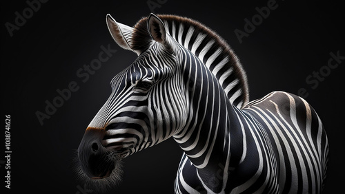 Close-up portrait of a zebra on a bright black background.