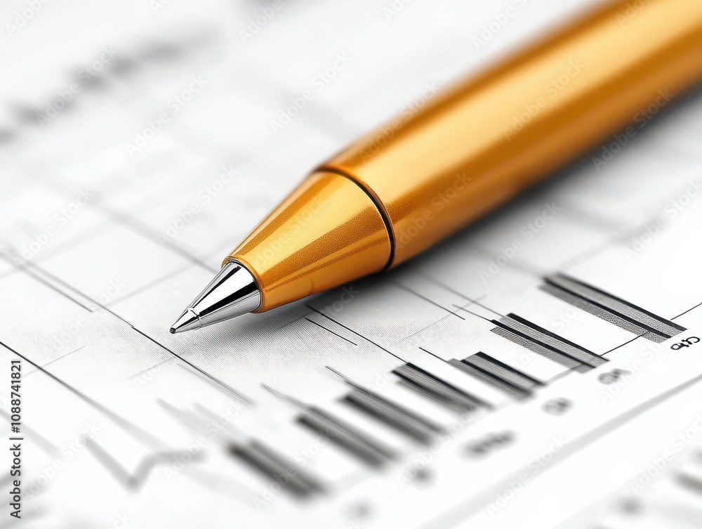 Close-up of a gold pen resting on financial charts, symbolizing analysis, business strategy, and data-driven decision-making. Close-up of a gold pen resting on financial charts, symbolizing analysis, business strategy, and data-driven decision-making.