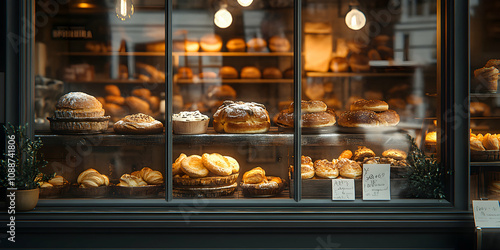 A Showcase of Freshly Baked Pastries Displayed in a Window of a Bakery with Warm Lighting