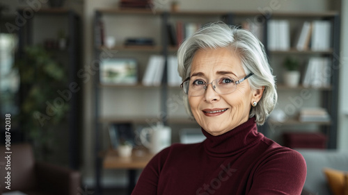 elderly woman in her 60s or 70s with glasses smiling, sophisticated turtleneck, operations specialist, far away background, professional lighting