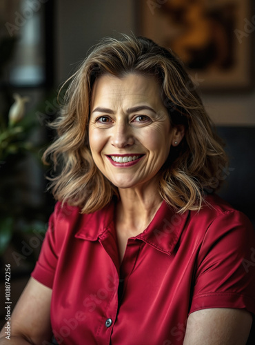 smiling woman in her 50s, silk polo shirt, executive assistant, blurred background, fern