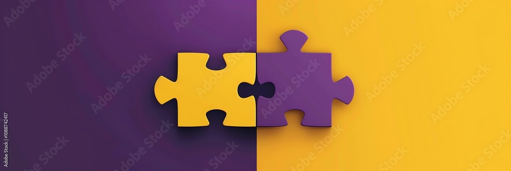 Fototapeta premium A colorful image featuring two interlocking puzzle pieces, one purple and one yellow, representing connection and collaboration.