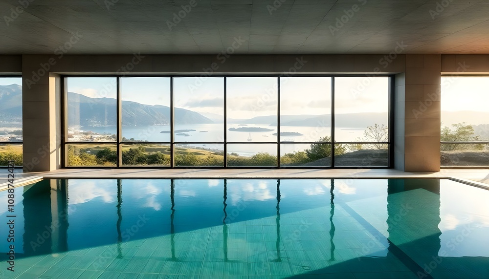 Fototapeta premium An indoor swimming pool with a large window overlooking a scenic outdoor view