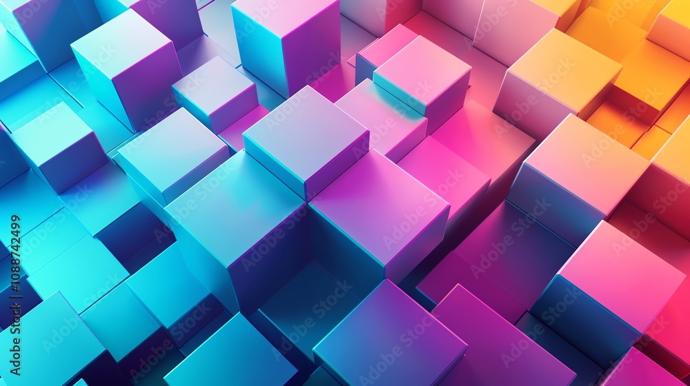 Abstract background with colorful, overlapping cubes in pink, blue, and orange. Abstract background with colorful, overlapping cubes in pink, blue, and orange.