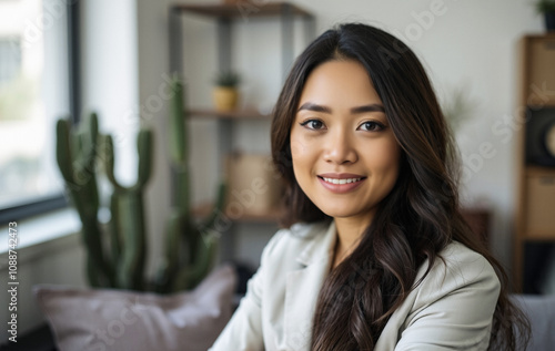 asian model woman in her 30s, lightweight neat attire, business analyst, striking and contemplated, diffused light